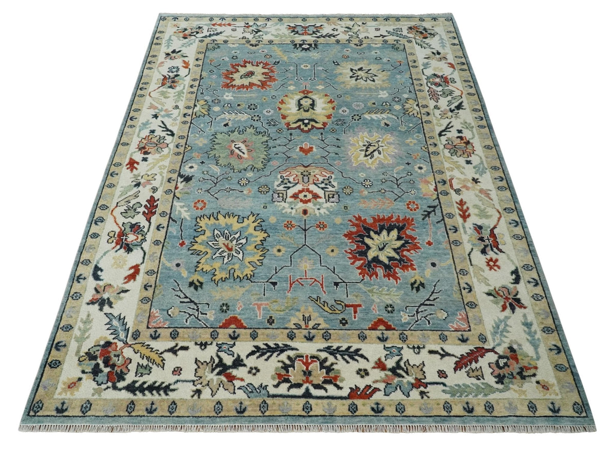 Light Blue and Ivory hand knotted Vibrant colorful Traditional Oushak Wool Area Rug