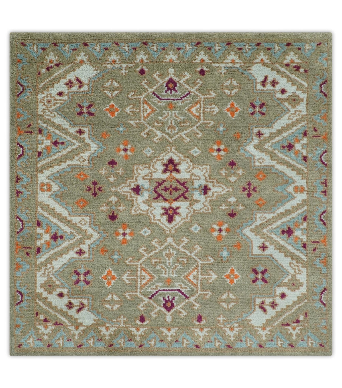Light Green, Ivory and Maroon Traditional Hand knotted Custom Made wool Area Rug