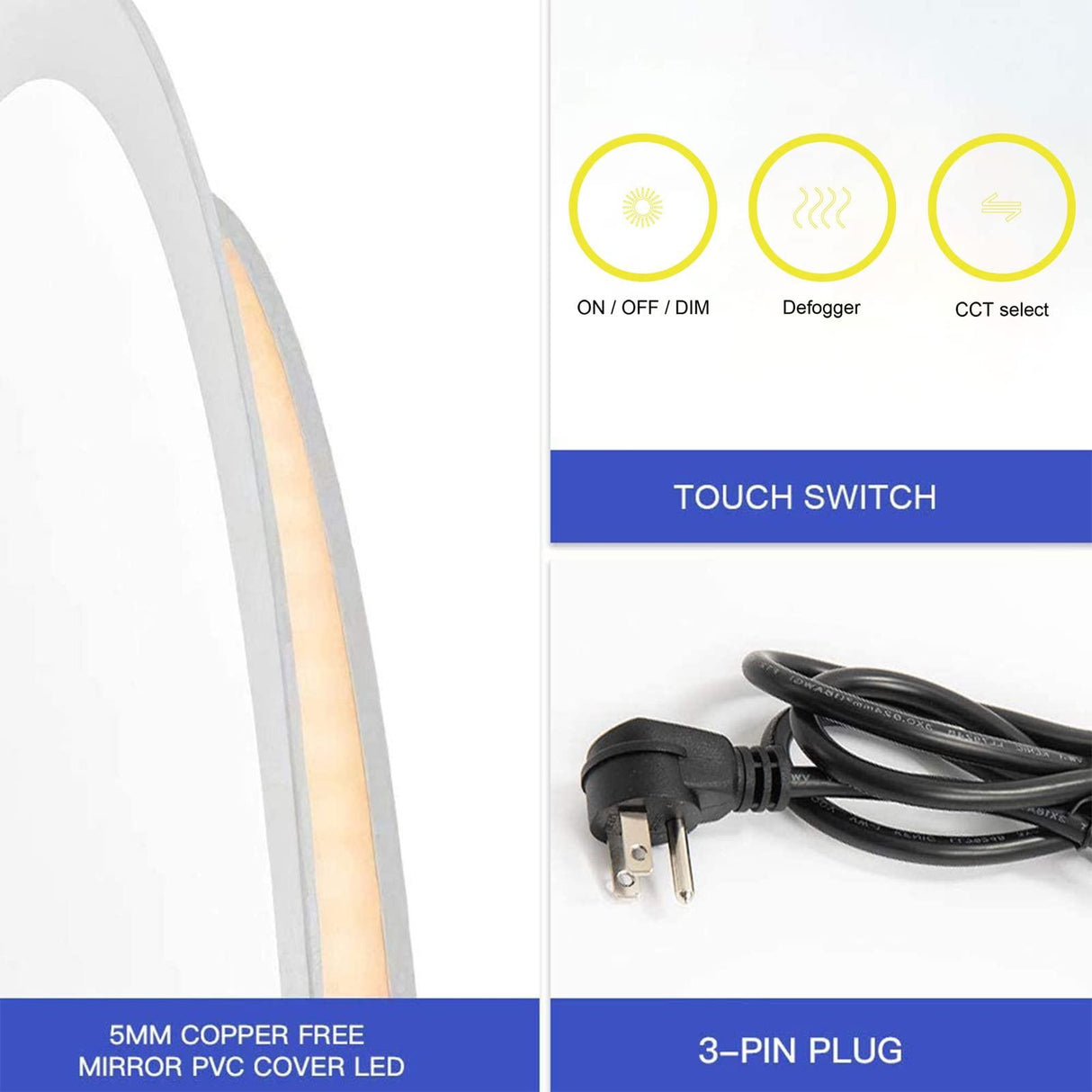 LuminaMirror Oval Frameless LED Anti-Fog Dimmable Bathroom Vanity Mirror-镜子-Parc Decor