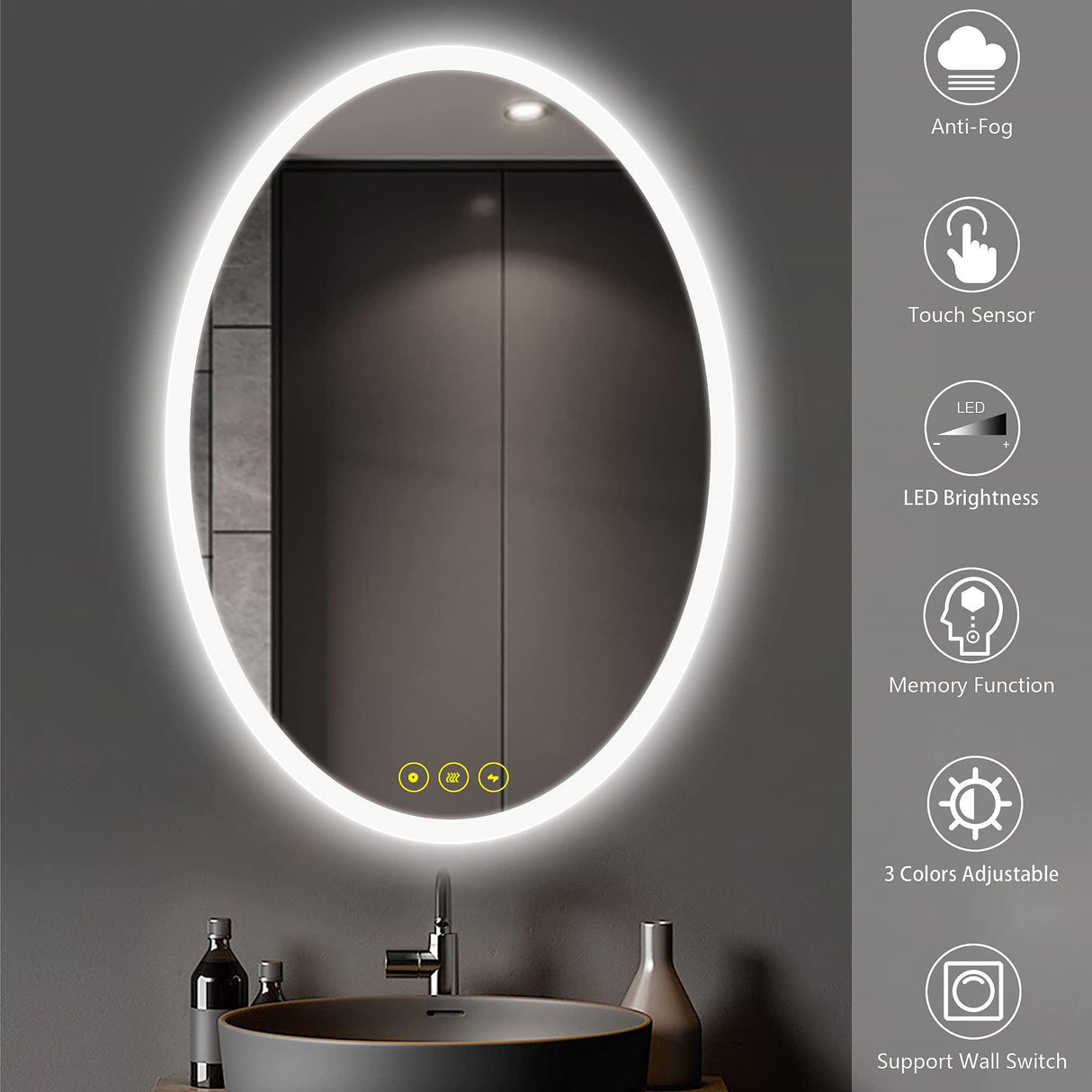 LuminaMirror Oval Frameless LED Anti-Fog Dimmable Bathroom Vanity Mirror-镜子-Parc Decor