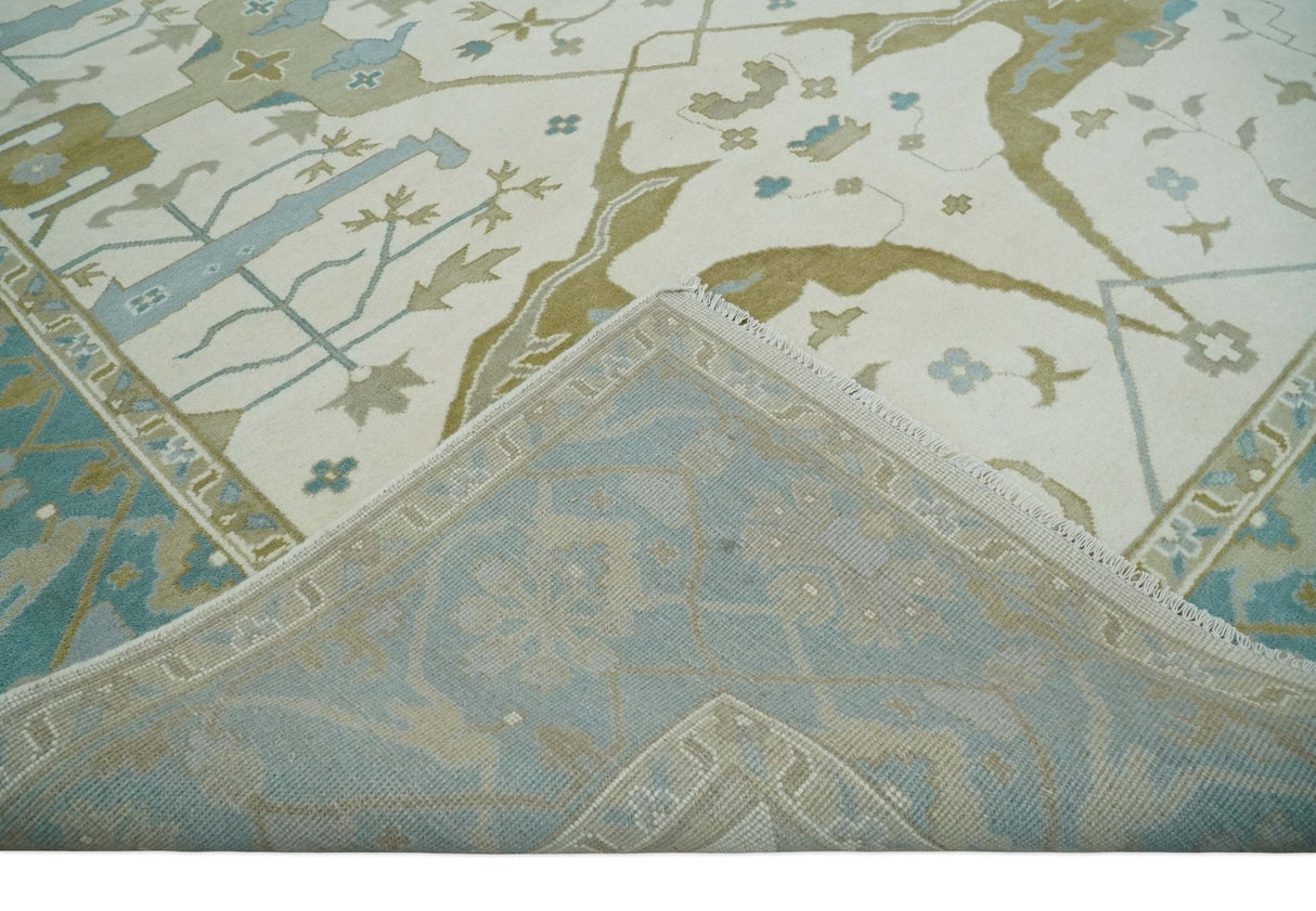 Made to Order Hand Knotted Oriental Oushak Ivory, Aqua and Beige Wool Area Rug
