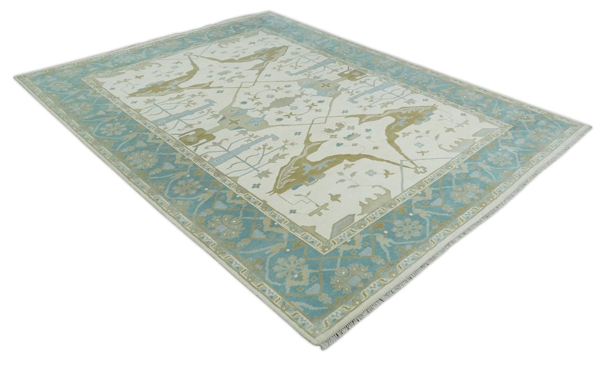 Made to Order Hand Knotted Oriental Oushak Ivory, Aqua and Beige Wool Area Rug
