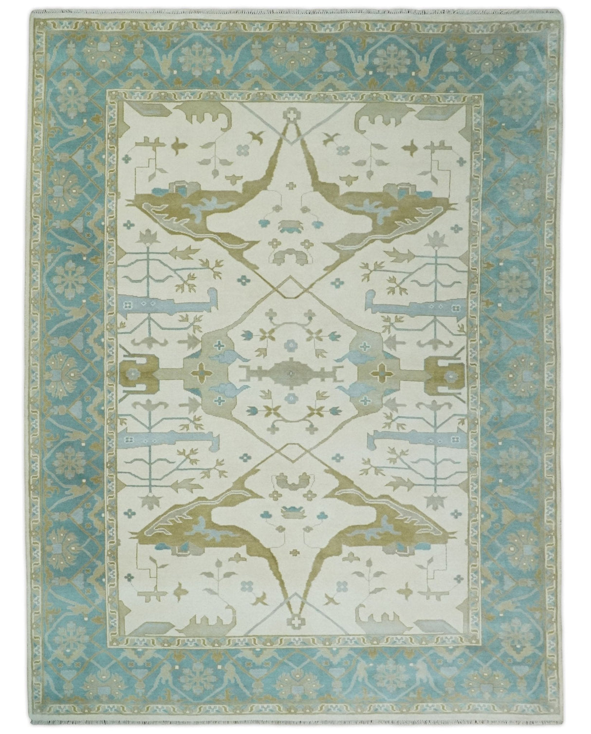 Made to Order Hand Knotted Oriental Oushak Ivory, Aqua and Beige Wool Area Rug