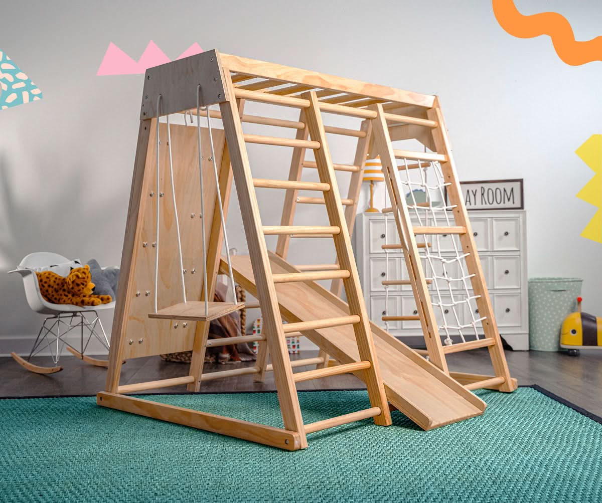 Magnolia | Indoor Wooden Jungle Gym with Monkey Bars, Rock Wall & Swing