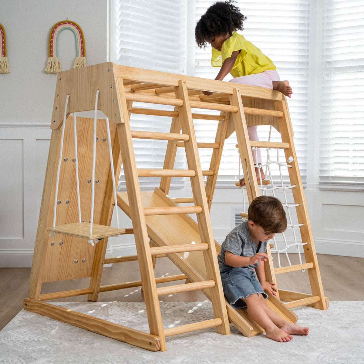 Magnolia | Indoor Wooden Jungle Gym with Monkey Bars, Rock Wall & Swing