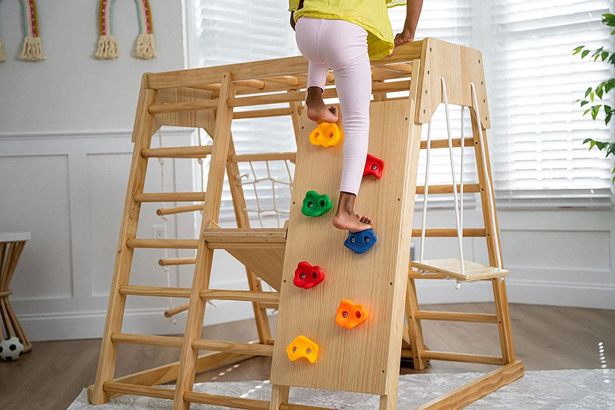 Magnolia | Indoor Wooden Jungle Gym with Monkey Bars, Rock Wall & Swing