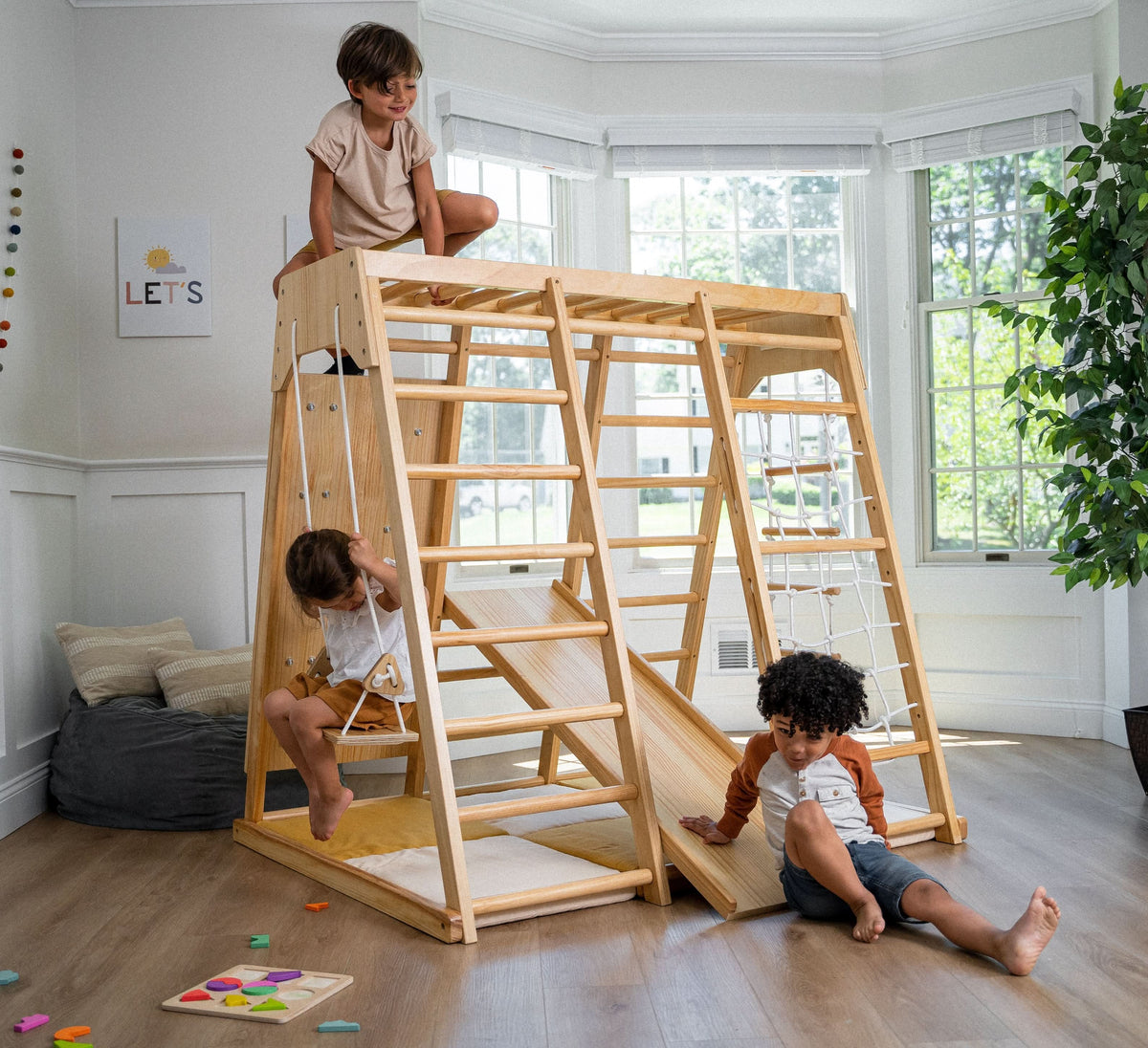 Magnolia | Indoor Wooden Jungle Gym with Monkey Bars, Rock Wall & Swing