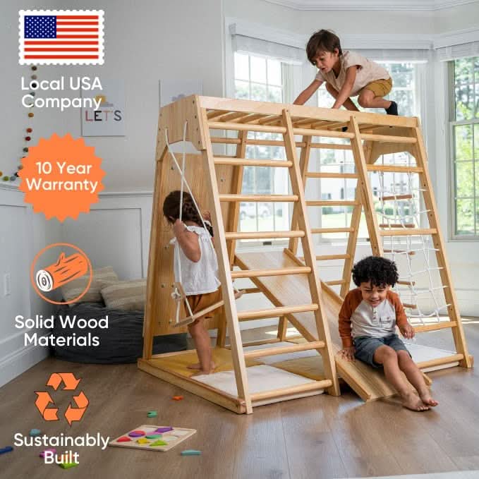 Magnolia | Indoor Wooden Jungle Gym with Monkey Bars, Rock Wall & Swing