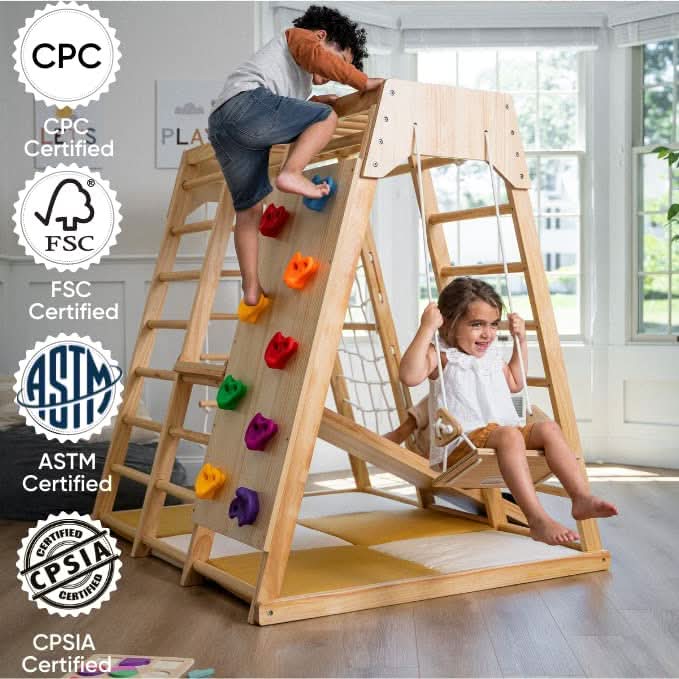 Magnolia | Indoor Wooden Jungle Gym with Monkey Bars, Rock Wall & Swing