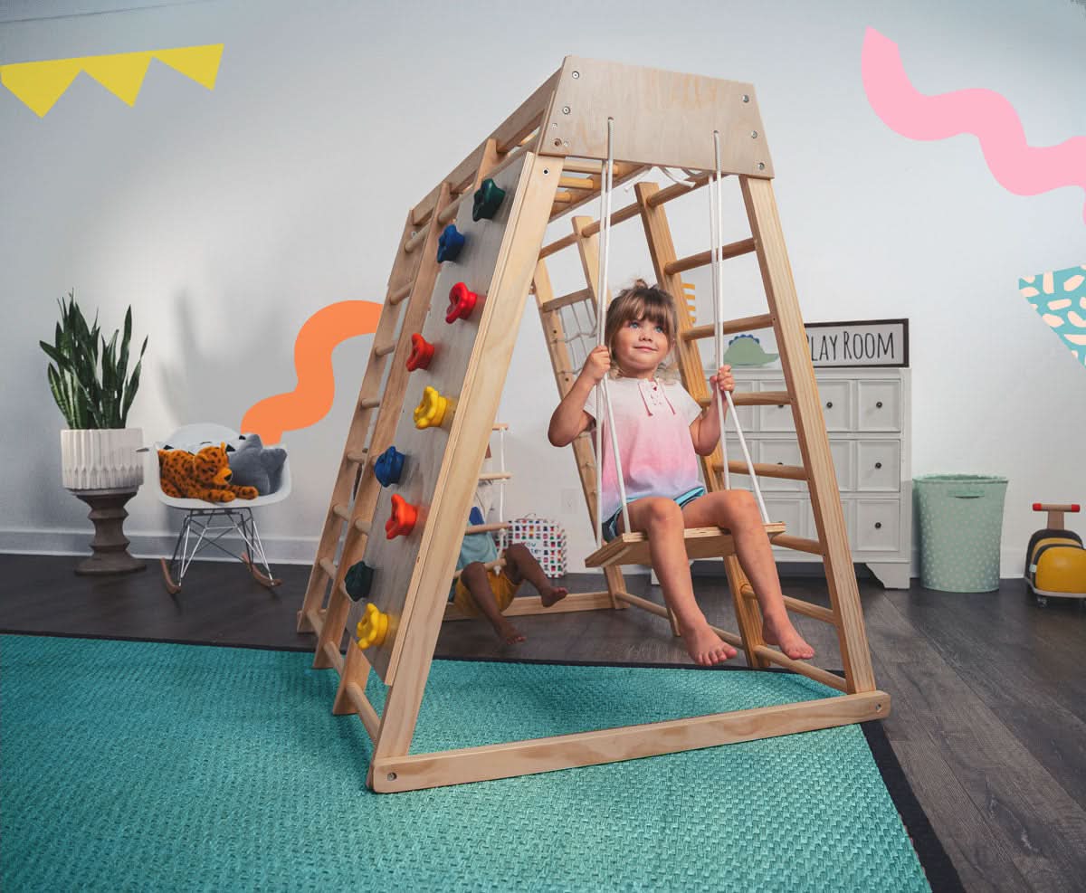 Magnolia | Indoor Wooden Jungle Gym with Monkey Bars, Rock Wall & Swing