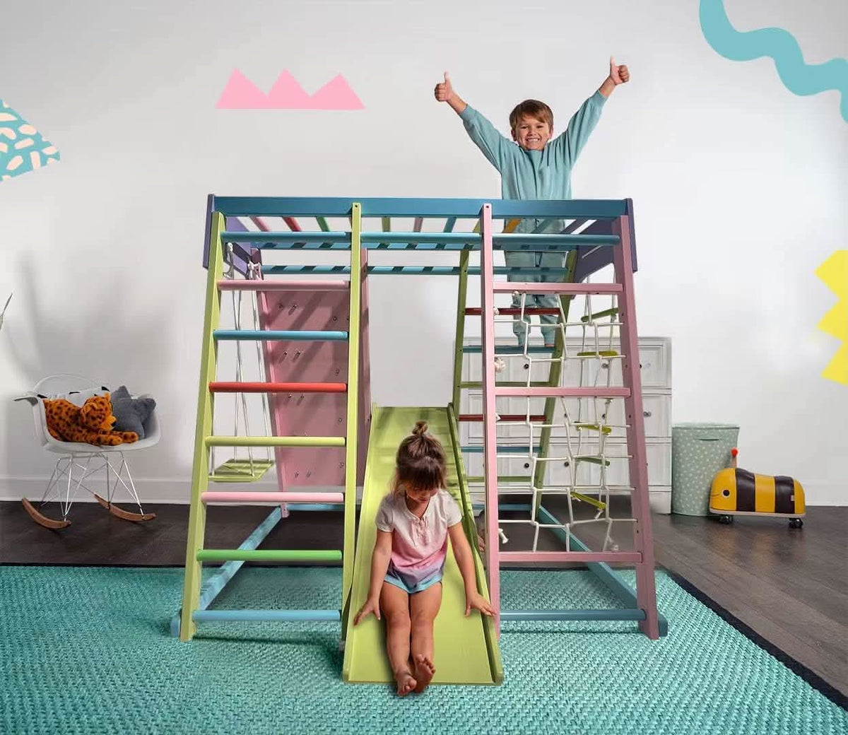 Magnolia | Indoor Wooden Jungle Gym with Monkey Bars, Rock Wall & Swing