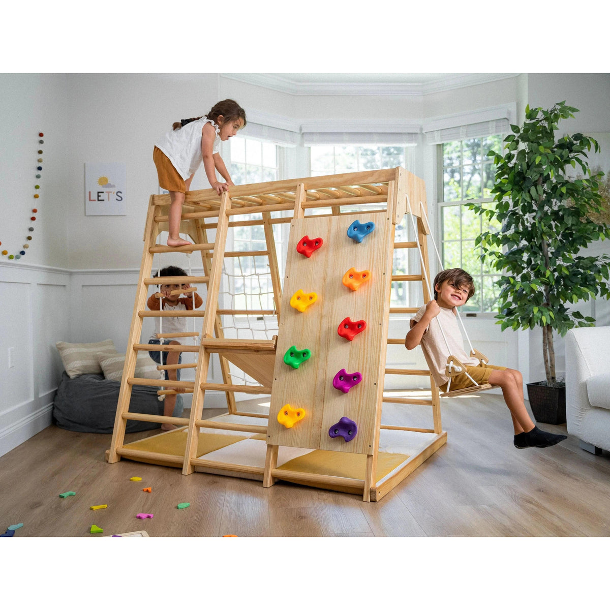 Magnolia | Indoor Wooden Jungle Gym with Monkey Bars, Rock Wall & Swing