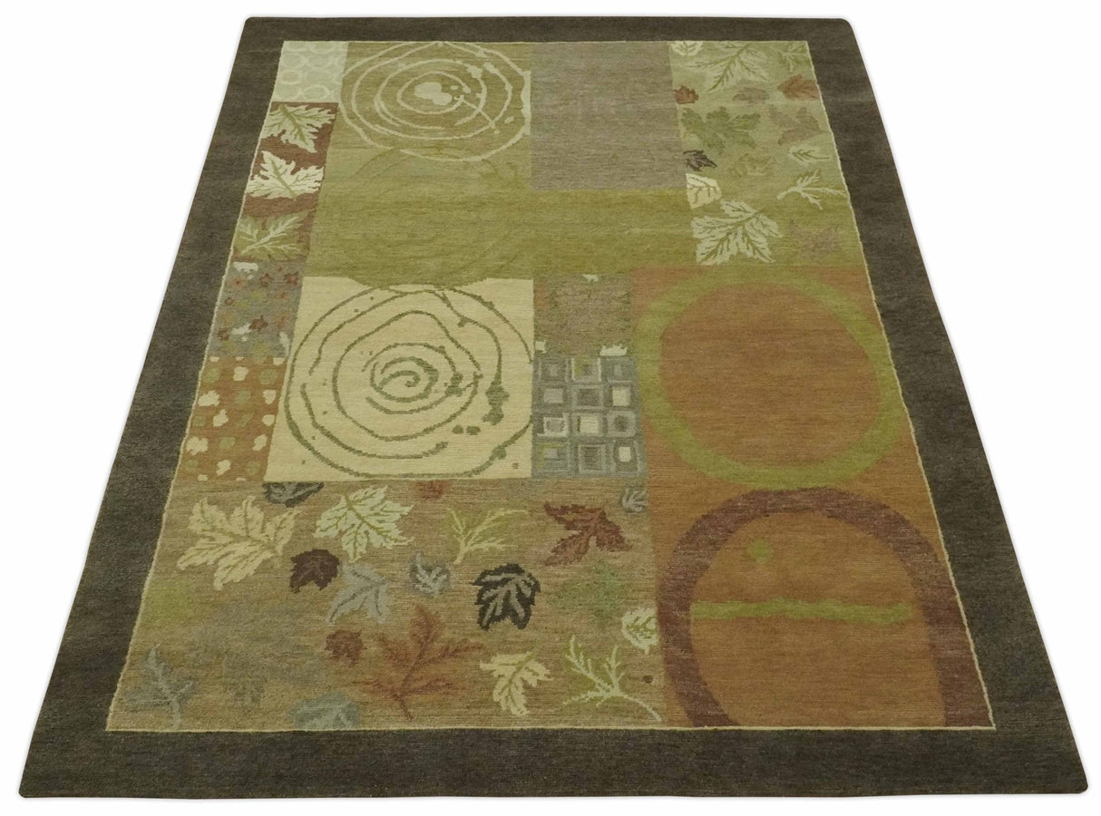 Mainstays Traditional Leaf Block Print Olive, Beige, Rust and Brown 6x8 Indoor wool Area Rug-Area Rug-Parc Decor