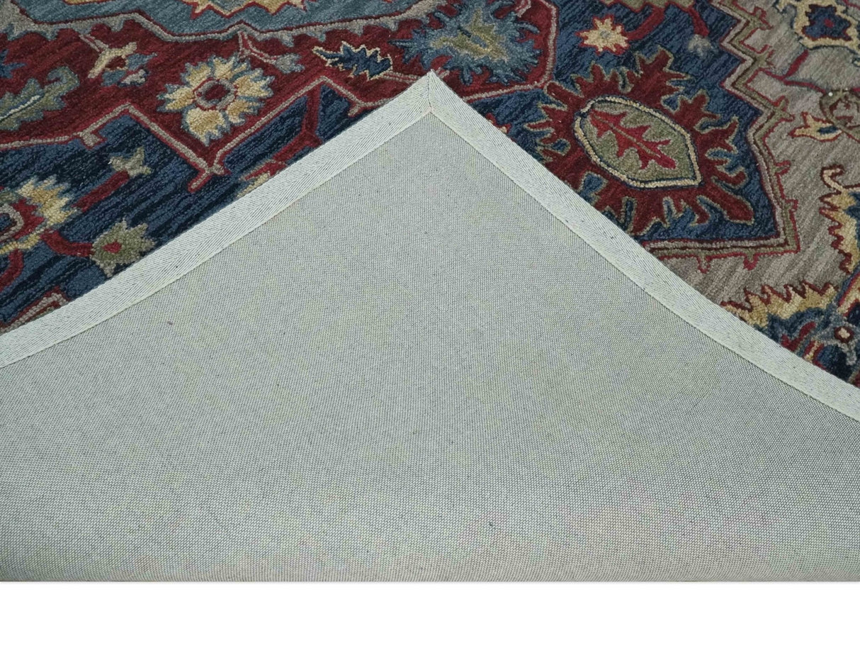 Maroon and Blue Hand Tufted Traditional Medallion Multi Size wool Area Rug