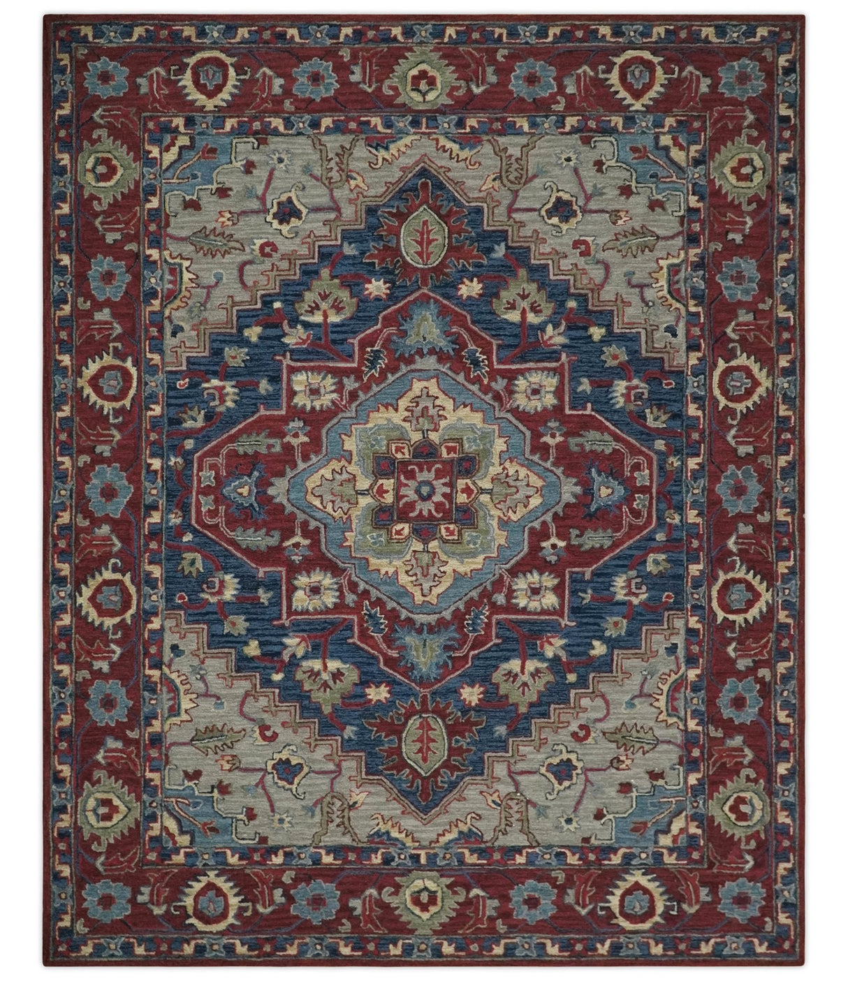 Maroon and Blue Hand Tufted Traditional Medallion Multi Size wool Area Rug