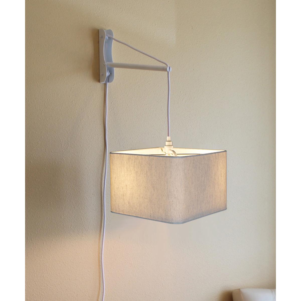 MAST Plug-In Wall Mount Pendant, 2 Light White Cord/Arm with Diffuser, Rounded Corner Square Oatmeal Drum Shade 14"W