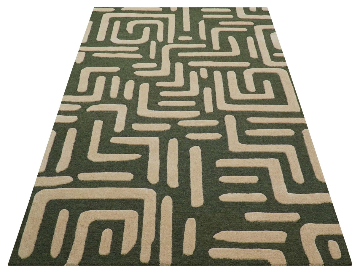Maze Custom Made Modern Abstract Design Olive Hand Tufted Wool Area Rug