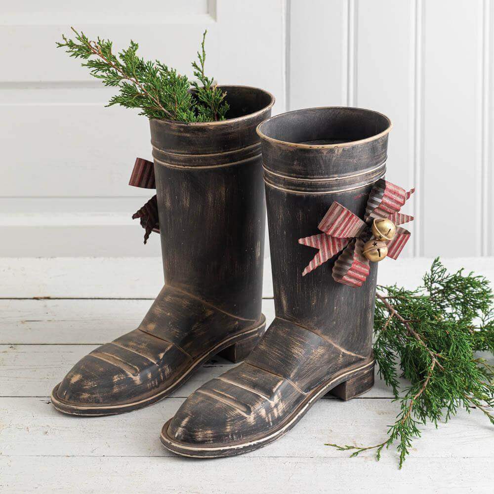Metal Santa Boots with Bows Christmas Decor (Pair)-christmas decor-Parc Decor