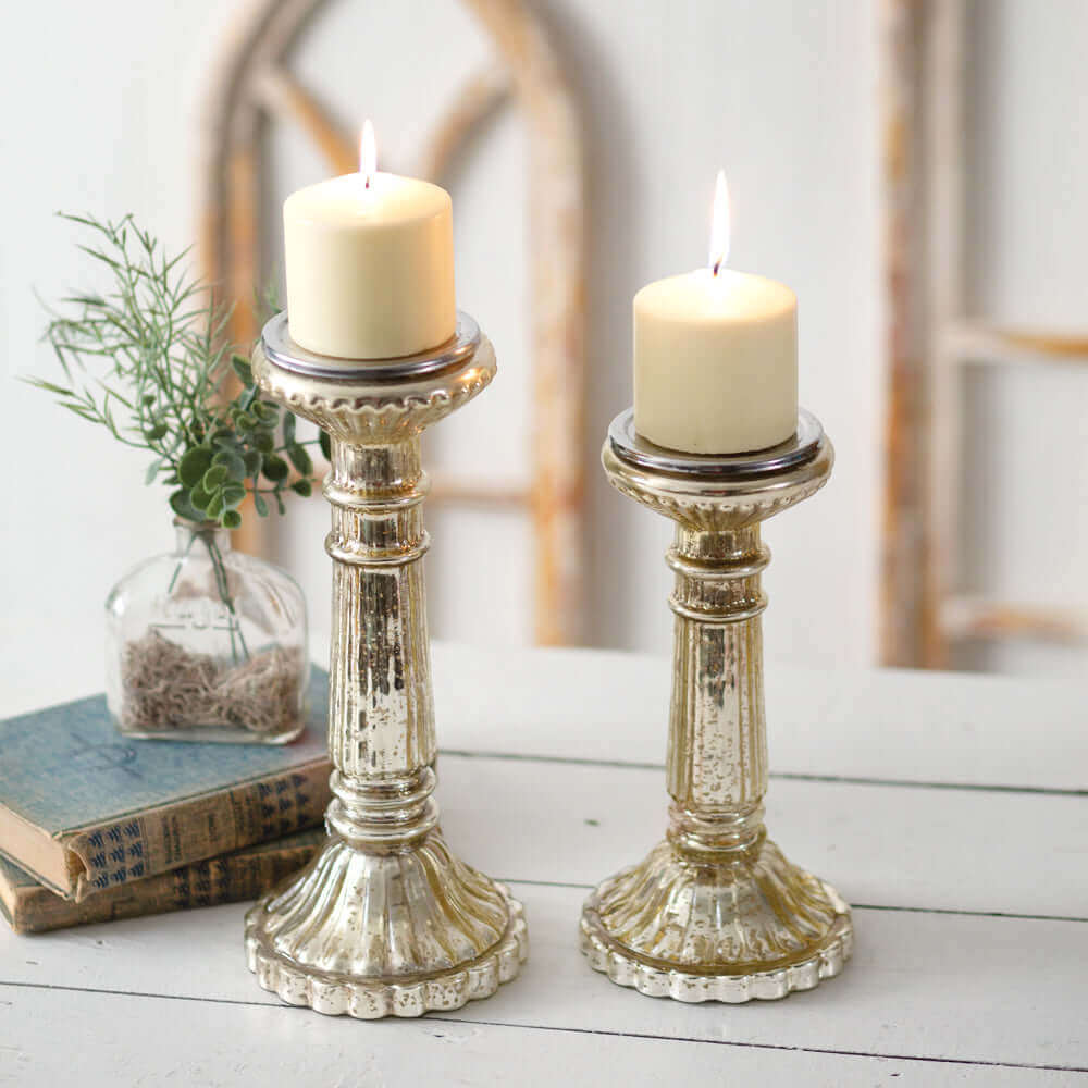 Metallic Gold Mercury Glass Pillar Candle Holders (Set of 2)-Lighting-Parc Decor