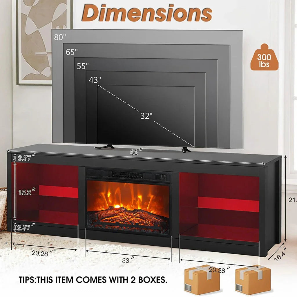 Modern 66" LED TV Stand with 23" Insert Electric Fireplace for Living Room
