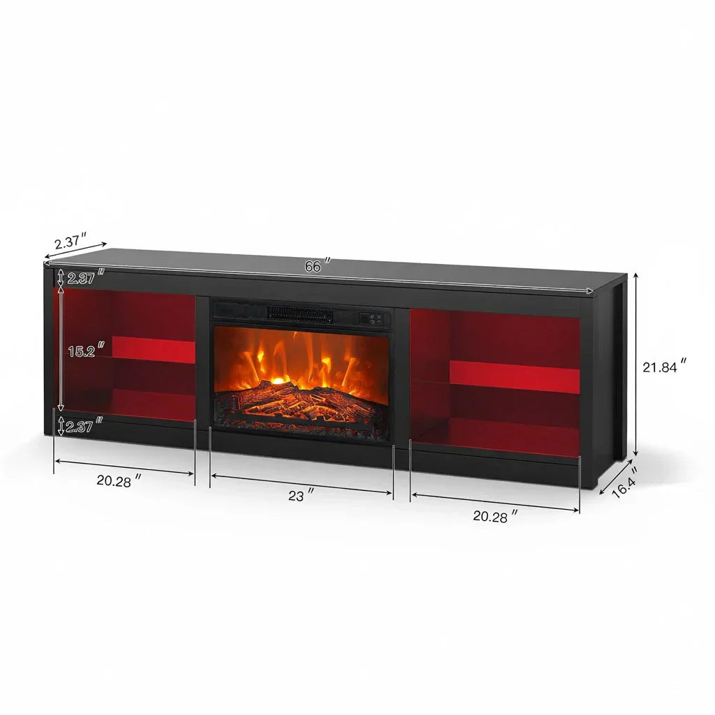 Modern 66" LED TV Stand with 23" Insert Electric Fireplace for Living Room
