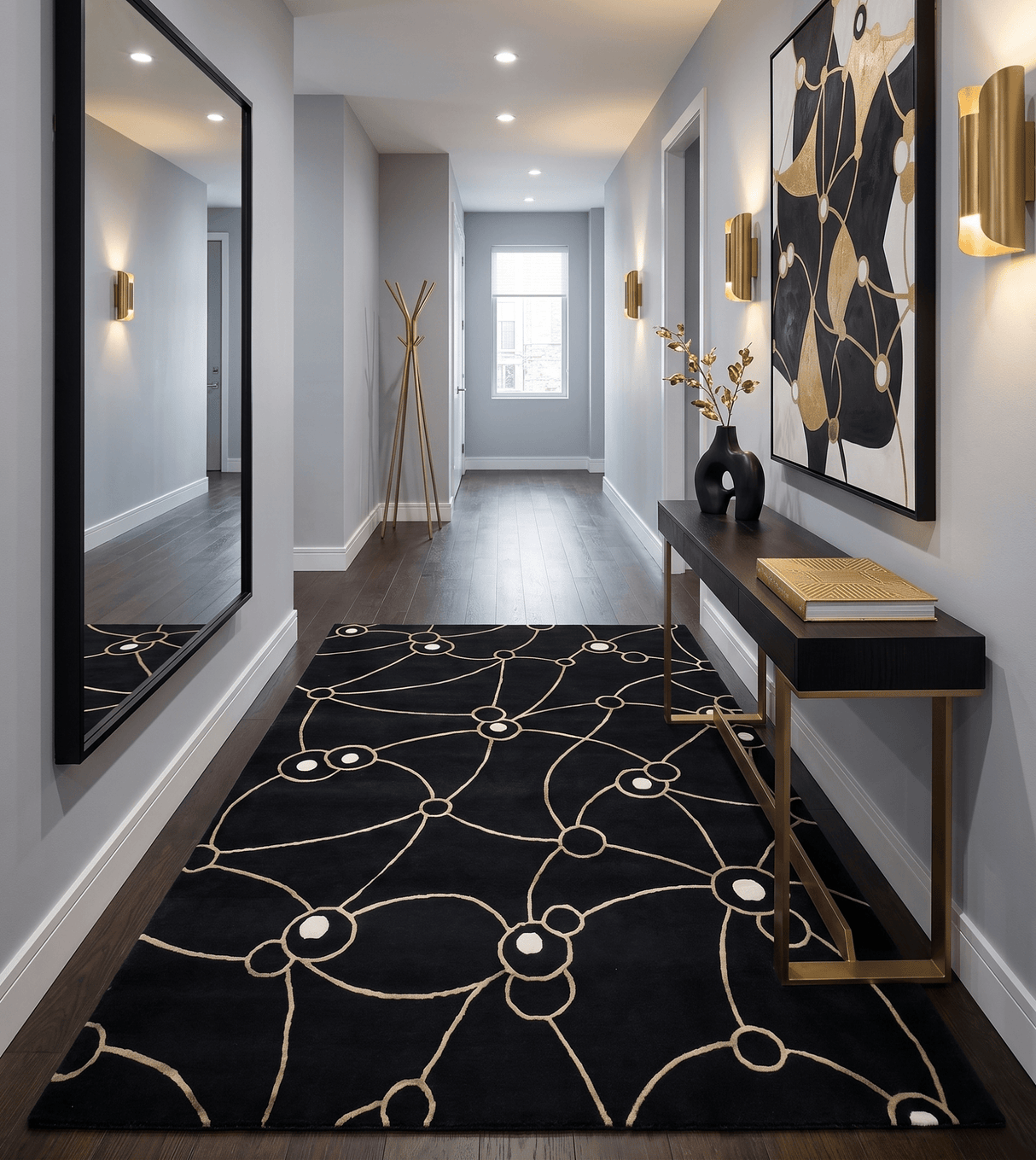Modern 6x8 Black and Gold Wool and Silk Hand Woven Rug
