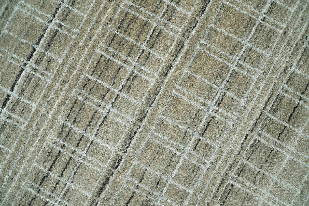 Modern 8x10 Hand Made Striped Olive and White Blended Wool Area Rug