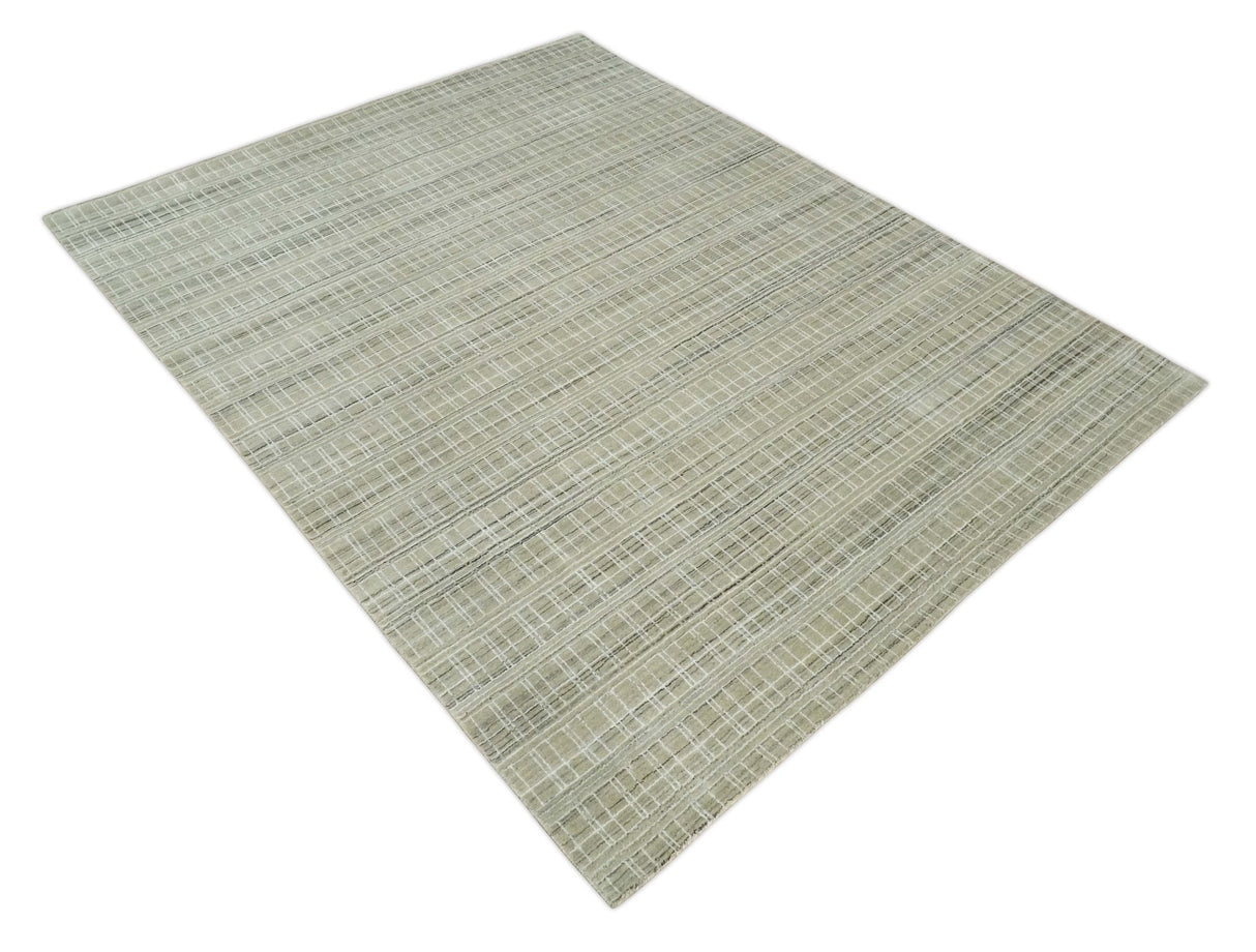 Modern 8x10 Hand Made Striped Olive and White Blended Wool Area Rug
