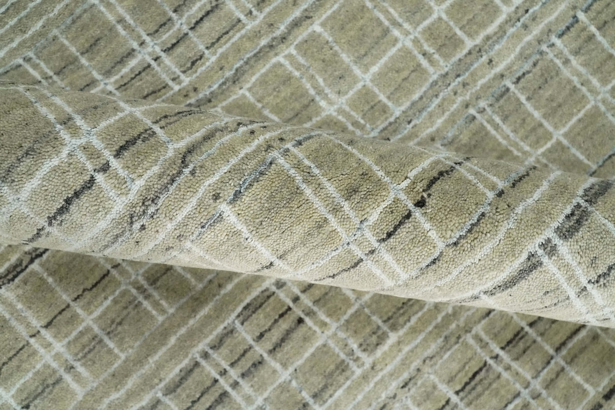 Modern 8x10 Hand Made Striped Olive and White Blended Wool Area Rug