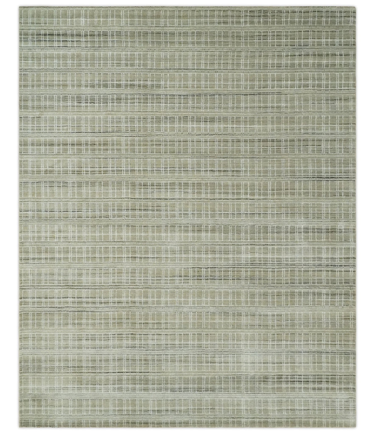 Modern 8x10 Hand Made Striped Olive and White Blended Wool Area Rug
