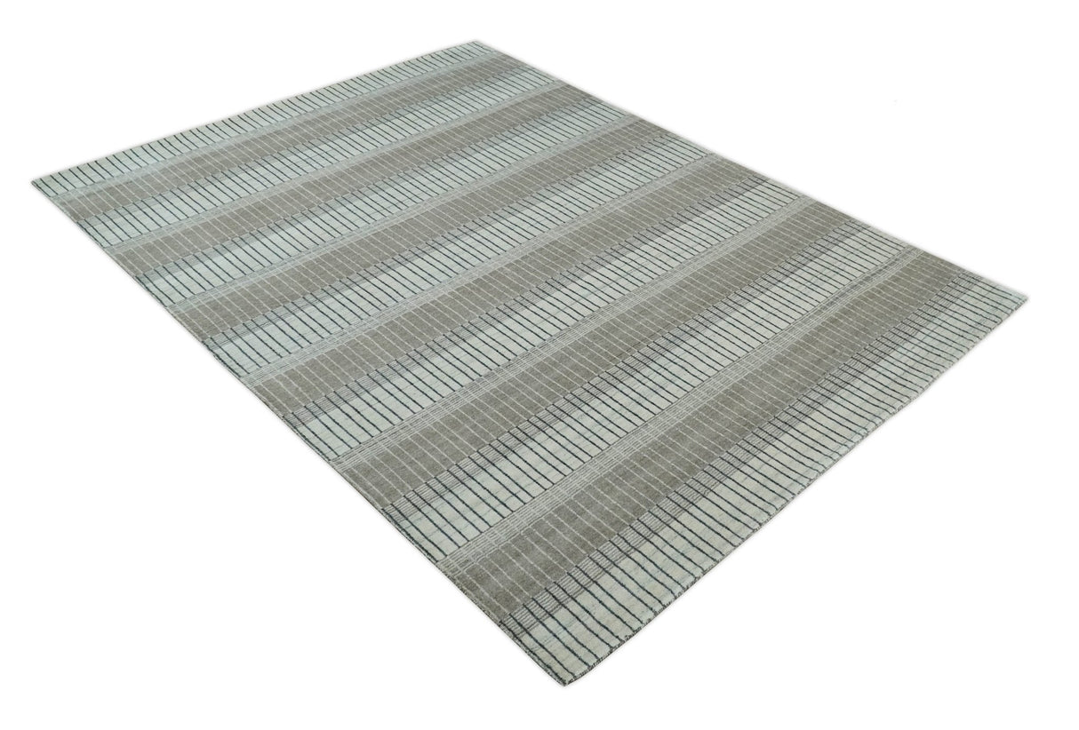 Modern 8x10 Hand Made Stripes Ivory and Brown Wool Flatwoven Area Rug