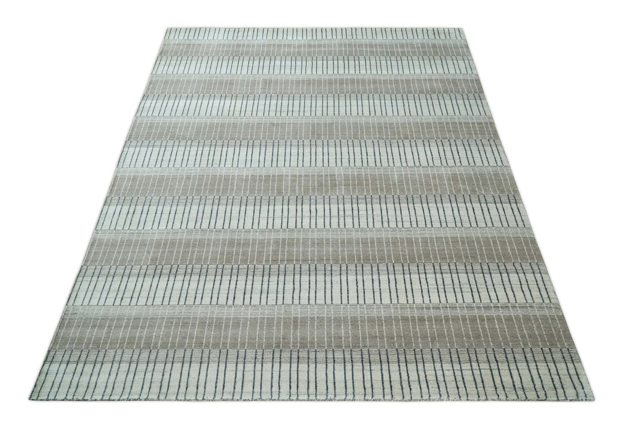 Modern 8x10 Hand Made Stripes Ivory and Brown Wool Flatwoven Area Rug