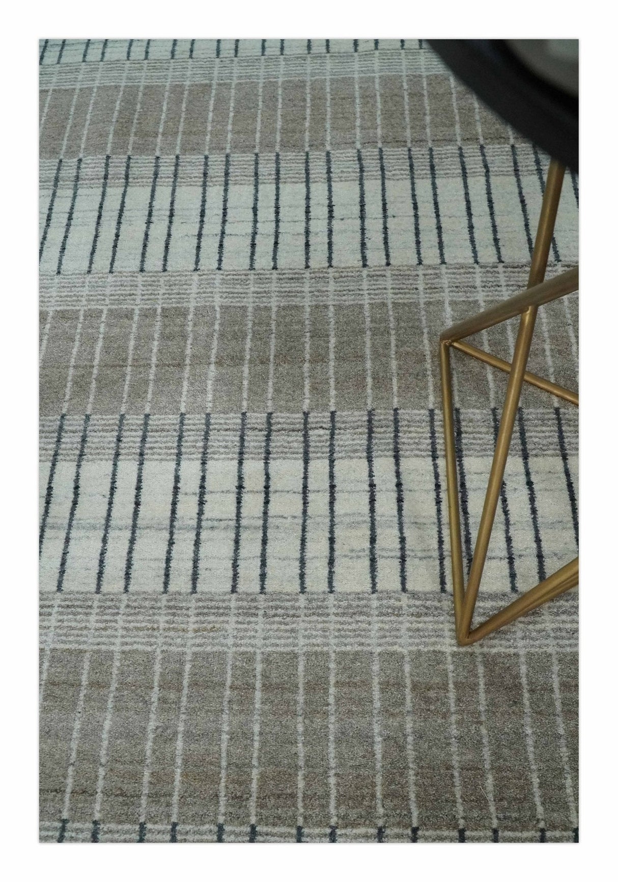 Modern 8x10 Hand Made Stripes Ivory and Brown Wool Flatwoven Area Rug