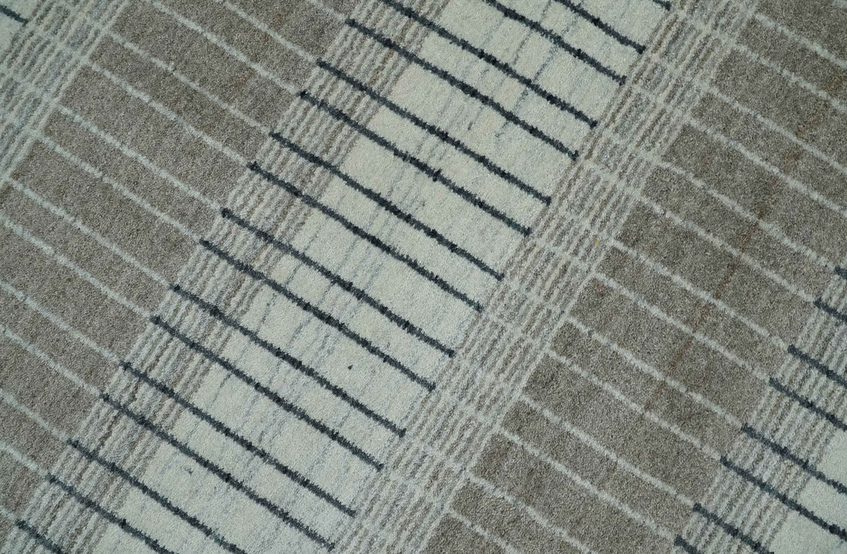 Modern 8x10 Hand Made Stripes Ivory and Brown Wool Flatwoven Area Rug
