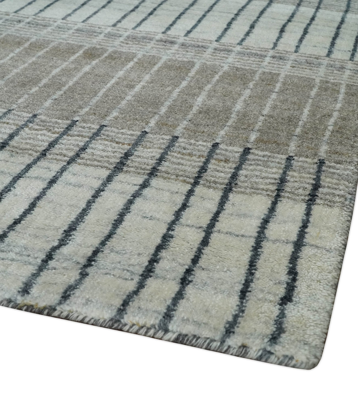 Modern 8x10 Hand Made Stripes Ivory and Brown Wool Flatwoven Area Rug