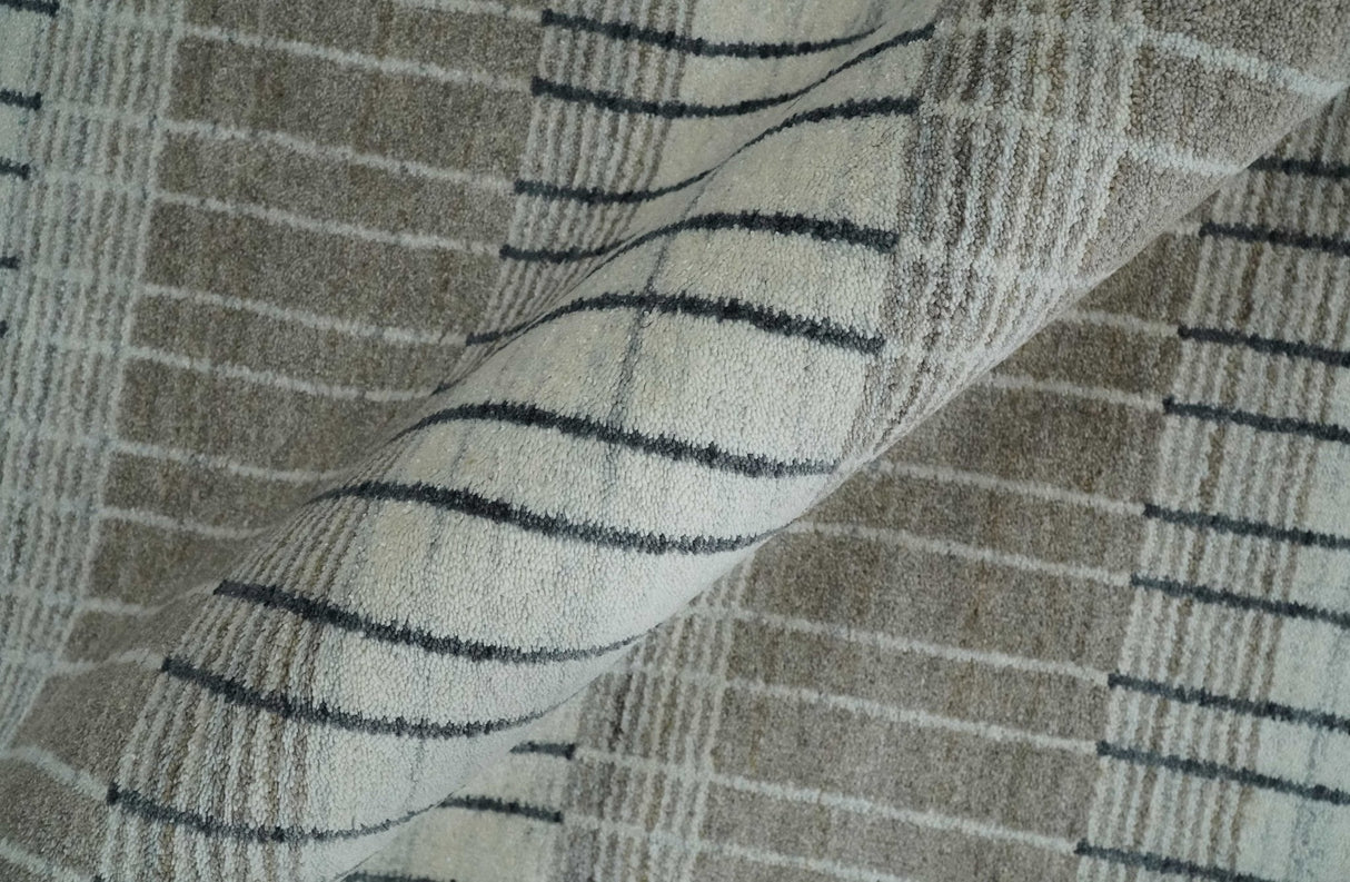 Modern 8x10 Hand Made Stripes Ivory and Brown Wool Flatwoven Area Rug