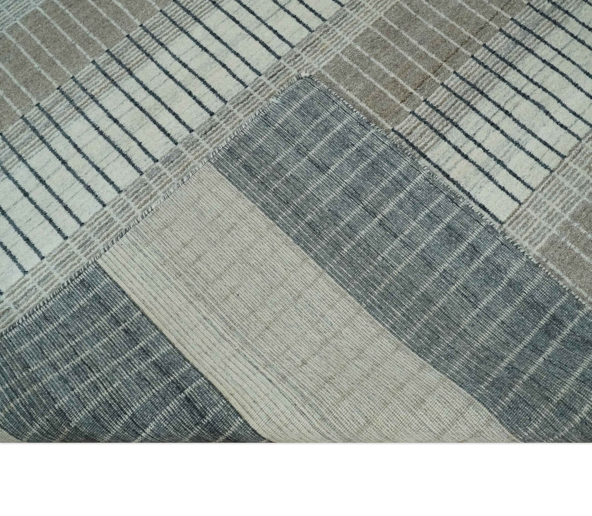 Modern 8x10 Hand Made Stripes Ivory and Brown Wool Flatwoven Area Rug