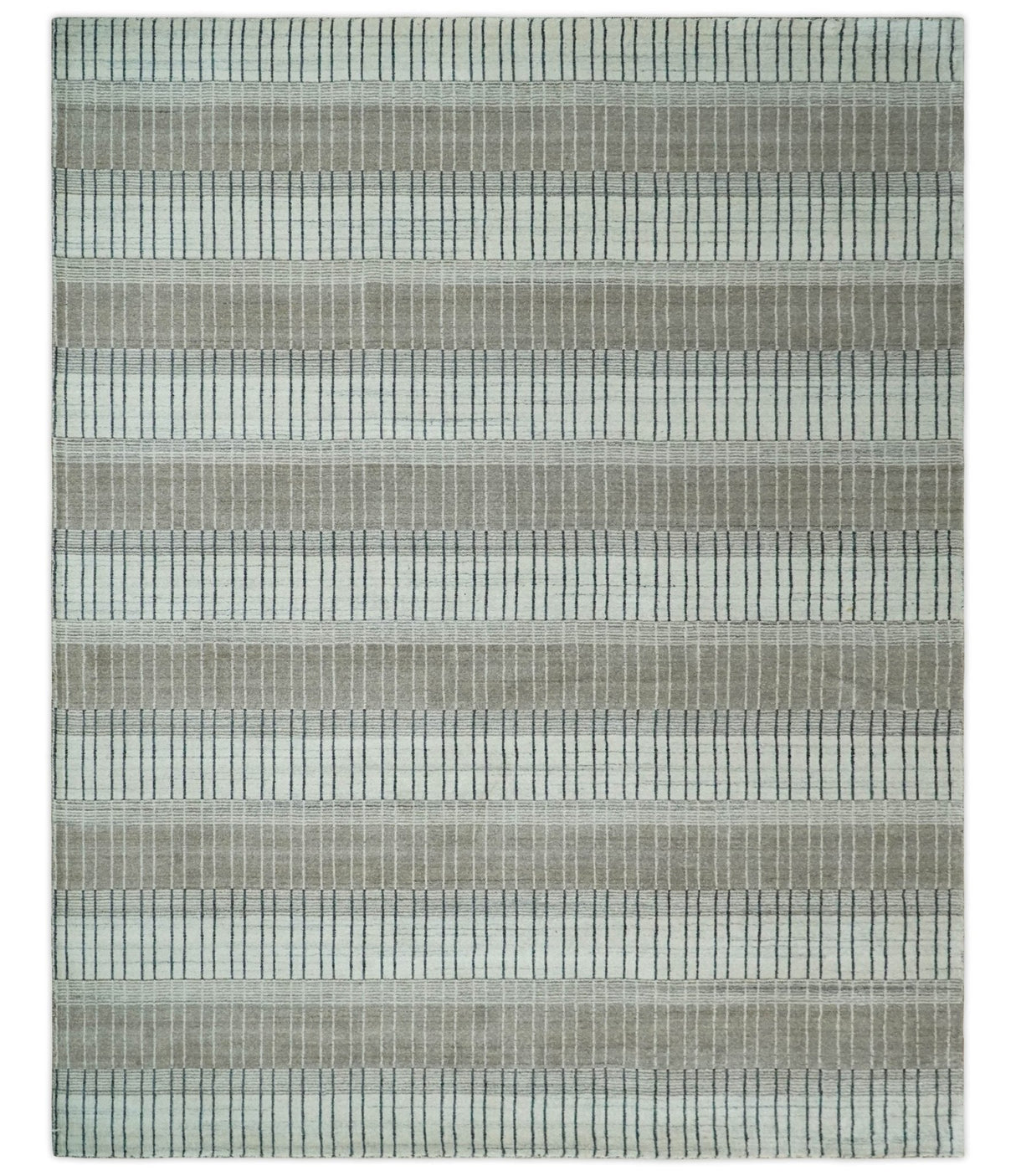 Modern 8x10 Hand Made Stripes Ivory and Brown Wool Flatwoven Area Rug