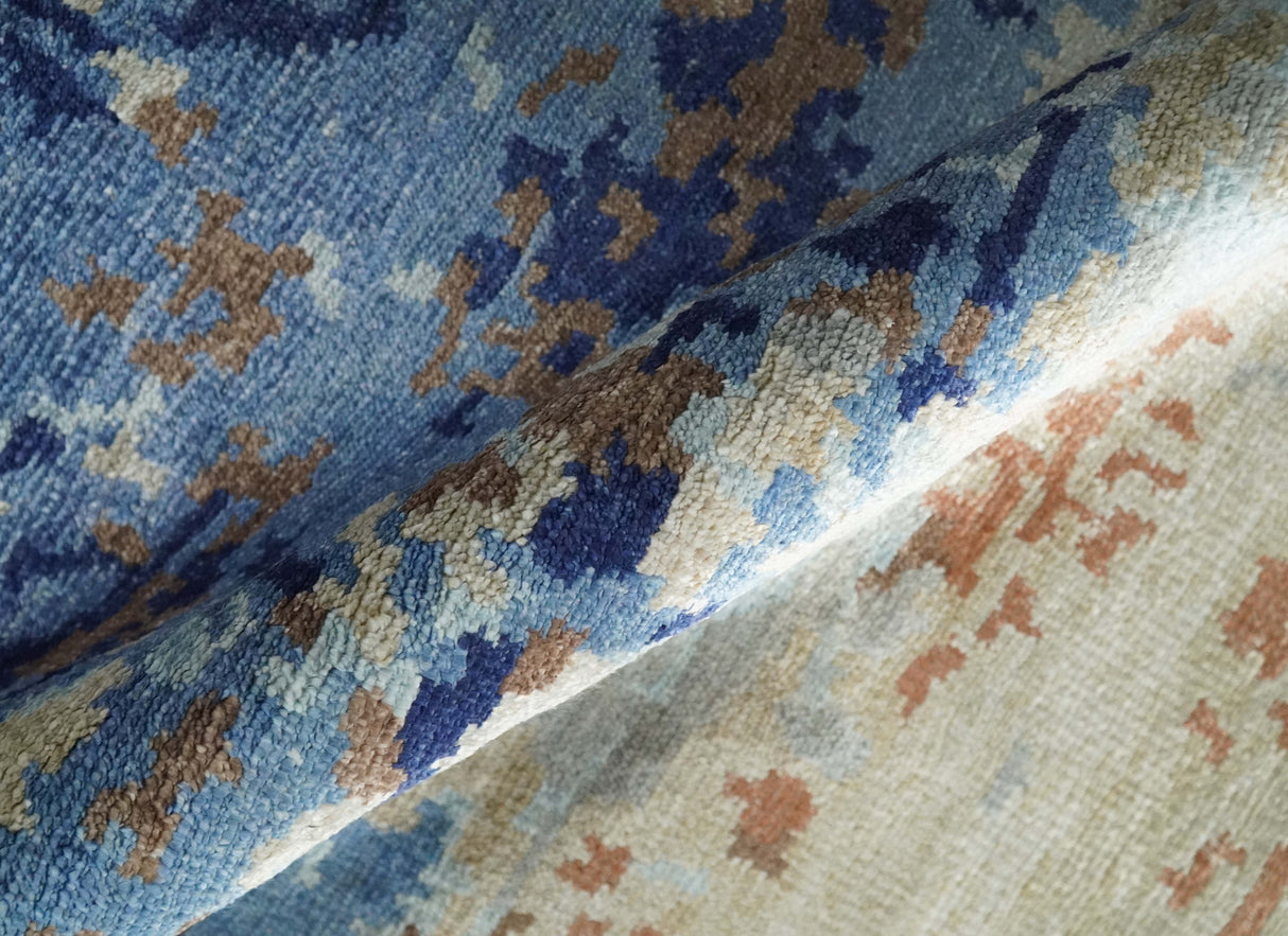 Modern Abstract 2x3 Blue And beige Bamboo Silk Hand Knotted Area Rug