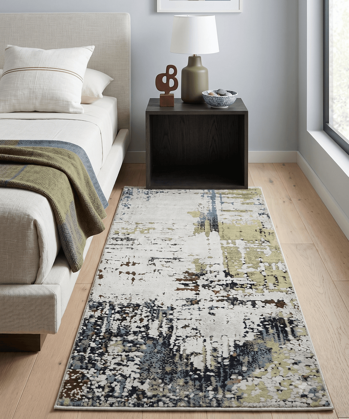 Modern Abstract 2x4 High Low Ivory and Olive Real Silk and Wool Rug