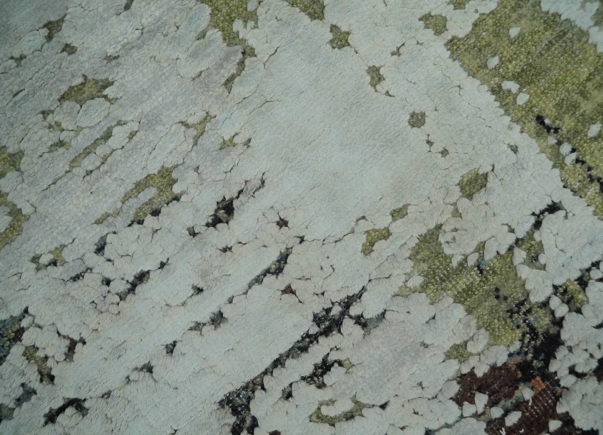 Modern Abstract 2x4 High Low Ivory and Olive Real Silk and Wool Rug
