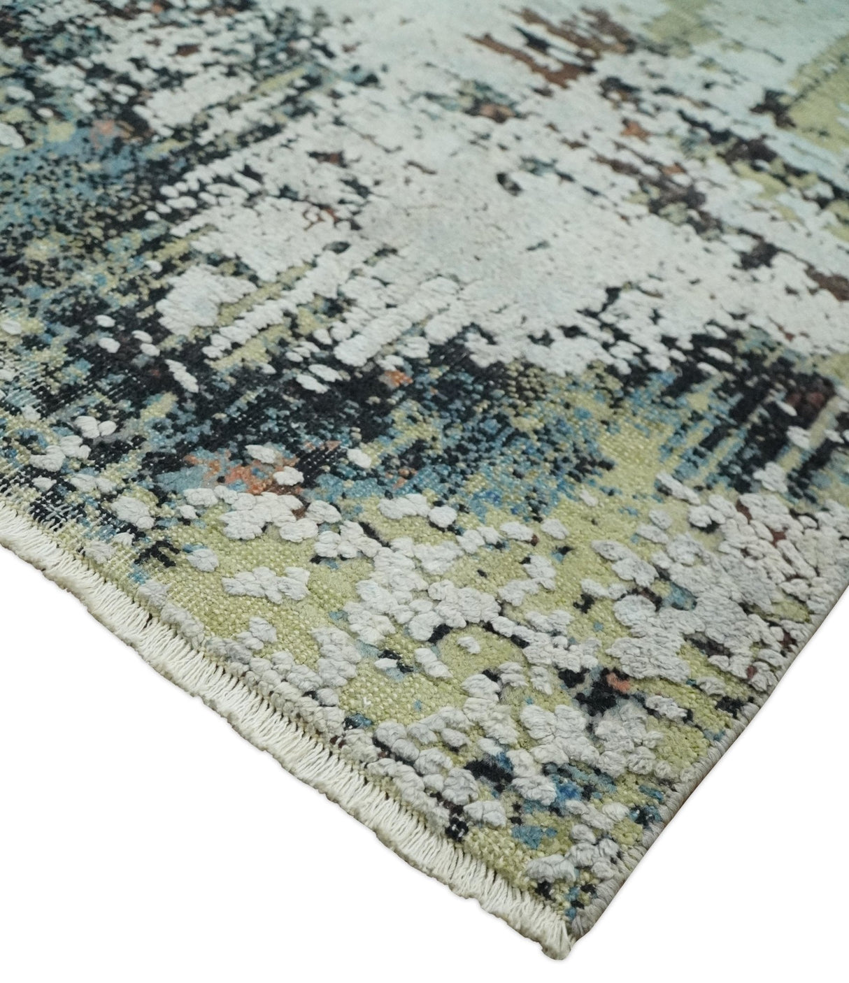 Modern Abstract 2x4 High Low Ivory and Olive Real Silk and Wool Rug