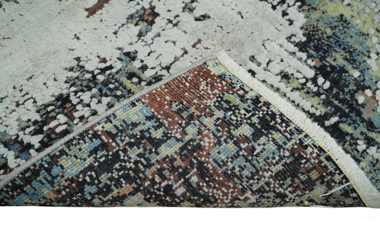 Modern Abstract 2x4 High Low Ivory and Olive Real Silk and Wool Rug