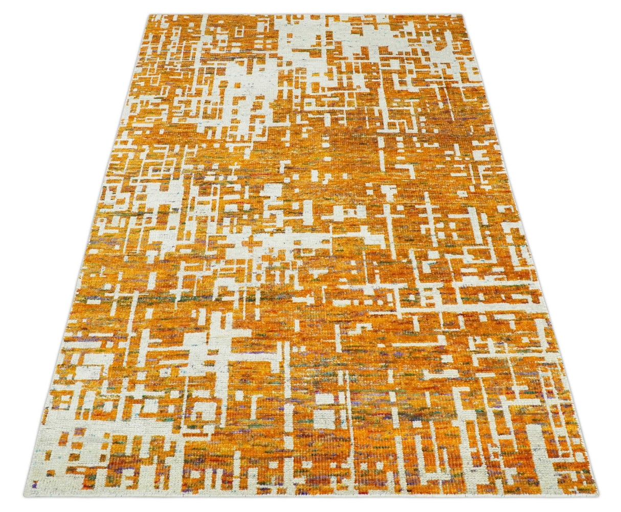 Modern Abstract 5x8 and 5.5x8.5 Gold and Ivory Recycled Art Silk Area Rug-Area Rug-Parc Decor