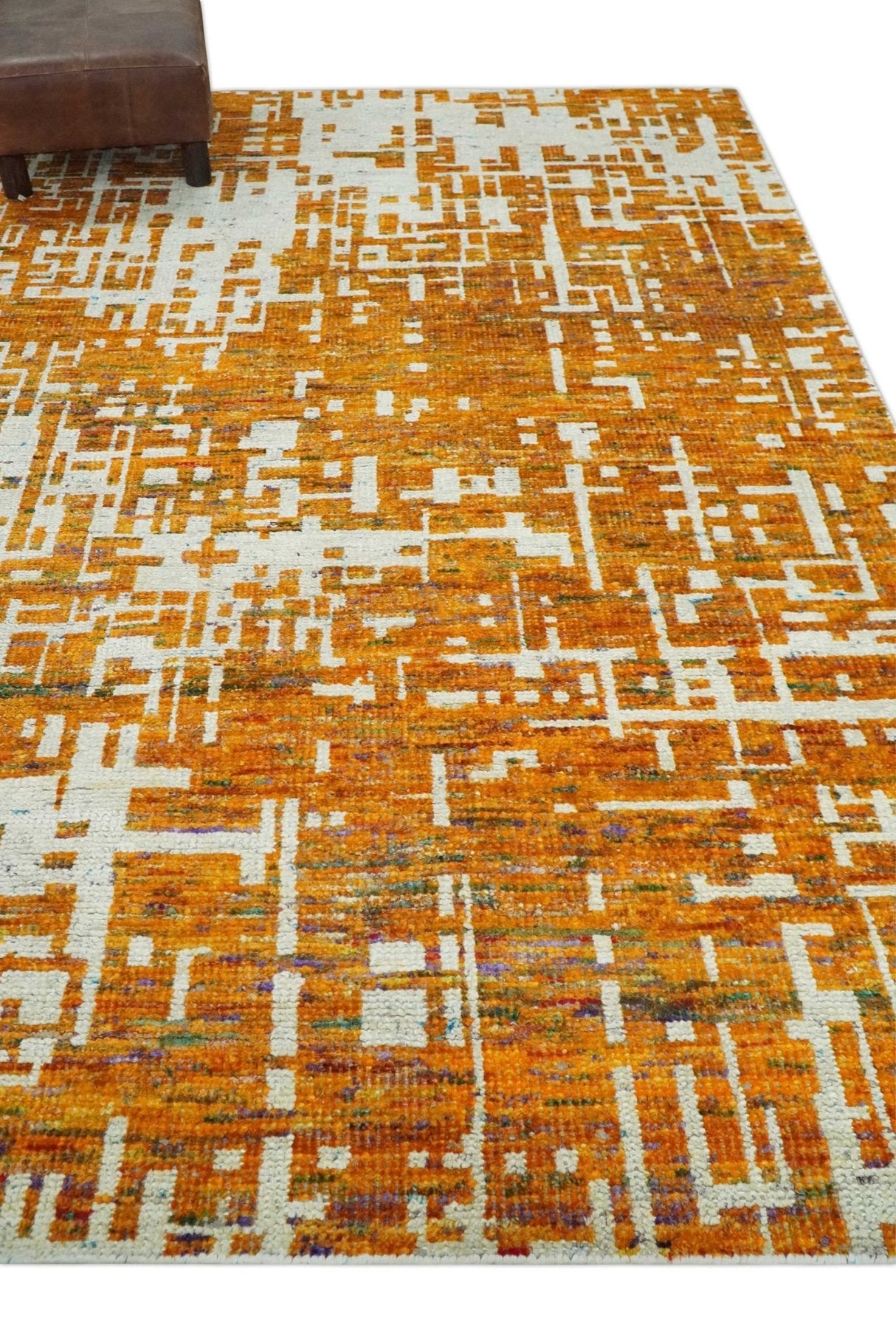 Modern Abstract 5x8 and 5.5x8.5 Gold and Ivory Recycled Art Silk Area Rug-Area Rug-Parc Decor