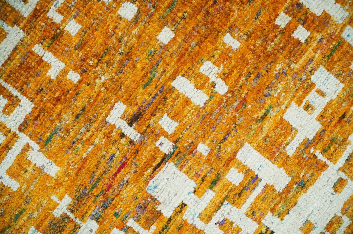 Modern Abstract 5x8 and 5.5x8.5 Gold and Ivory Recycled Art Silk Area Rug-Area Rug-Parc Decor