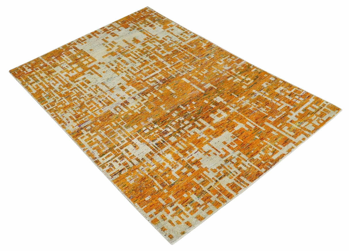 Modern Abstract 6x9 Gold and Ivory Recycled Art Silk Area Rug-Area Rug-Parc Decor