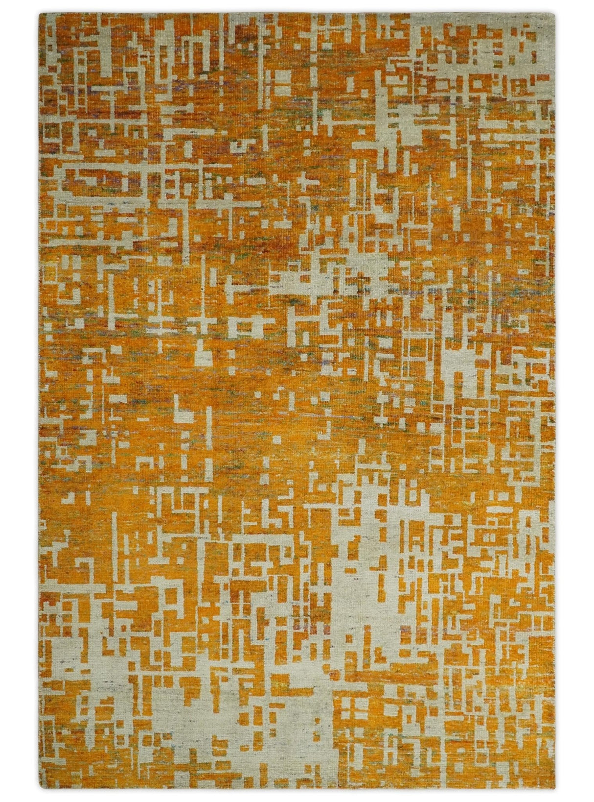 Modern Abstract 6x9 Gold and Ivory Recycled Art Silk Area Rug-Area Rug-Parc Decor