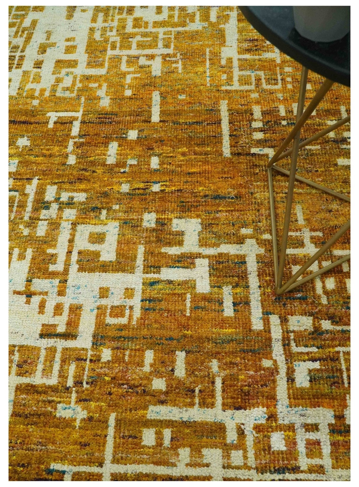 Modern Abstract 8x10 Gold, Rust and Ivory Hand Knotted Recycled Art Silk Rug-Area Rug-Parc Decor