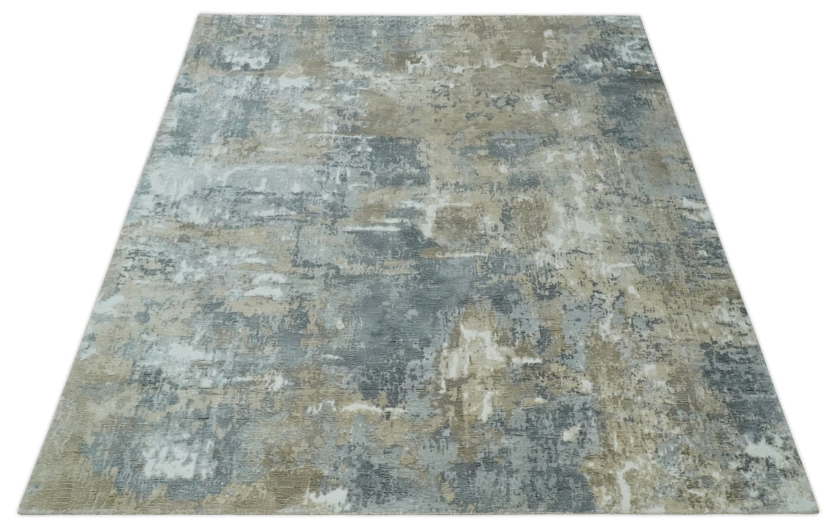 Modern Abstract 8x10 Silver, Charcoal and Olive Hand Loomed Blended wool and Art silk Area Rug
